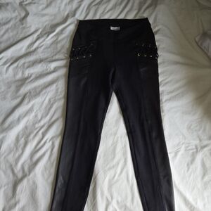 BISOU BISOU Black Faux Leather Moto Legging w/Lace Up Sides Size S Used Black